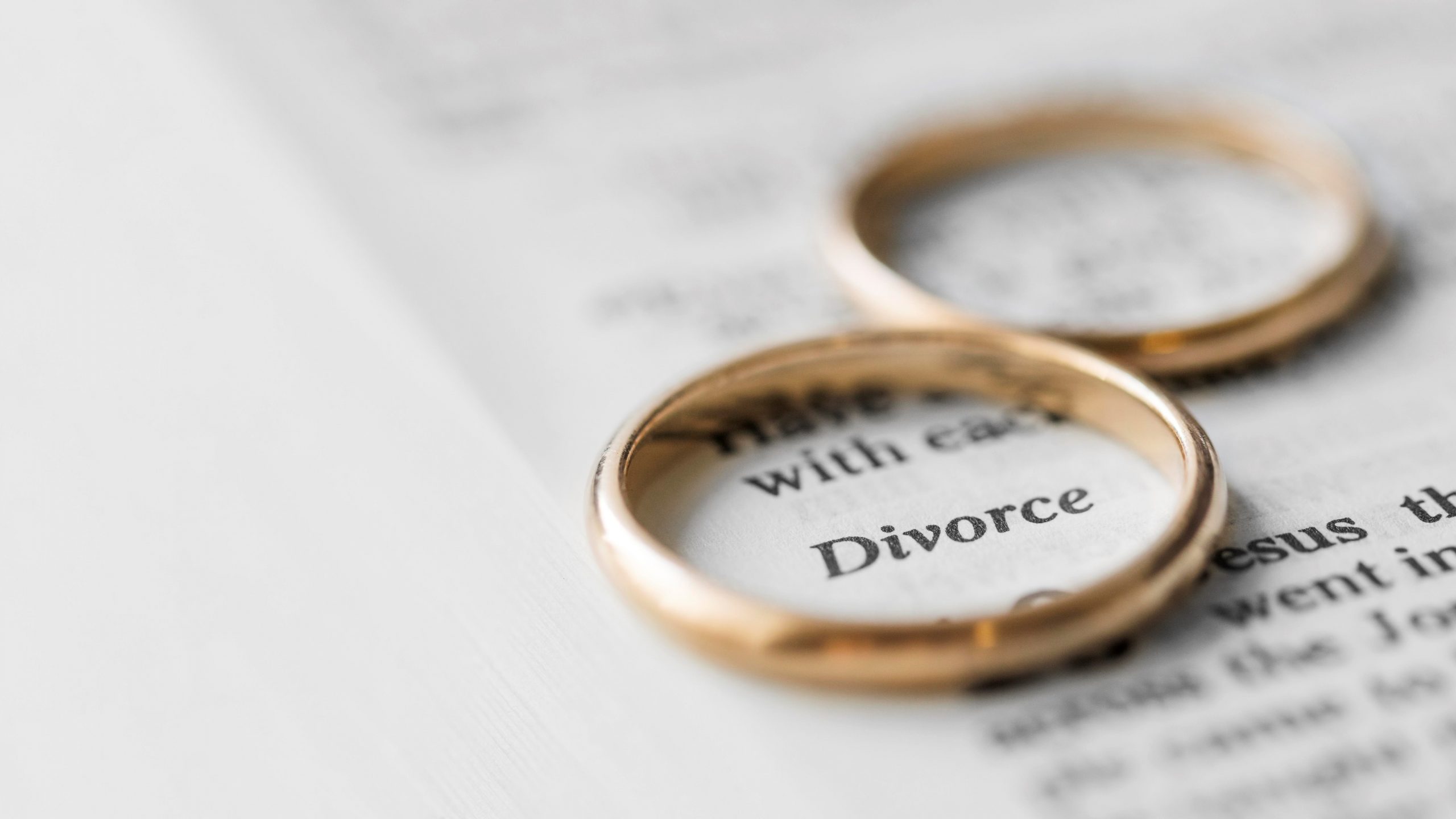 diivorce-rings-closeup-FP Closeup of wedding rings placed on page that reads "divorce" illustrates blog "5 Legal Tips To Prepare for Your Divorce"