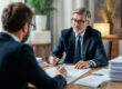 Realistic photo of a professional attorney meeting with a client in a modern California law office, discussing legal documents at a desk, natural lighting, professional setting