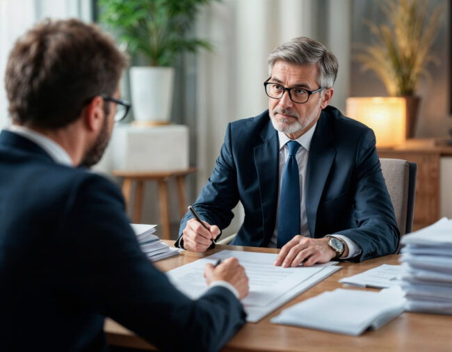 Realistic photo of a professional attorney meeting with a client in a modern California law office, discussing legal documents at a desk, natural lighting, professional setting
