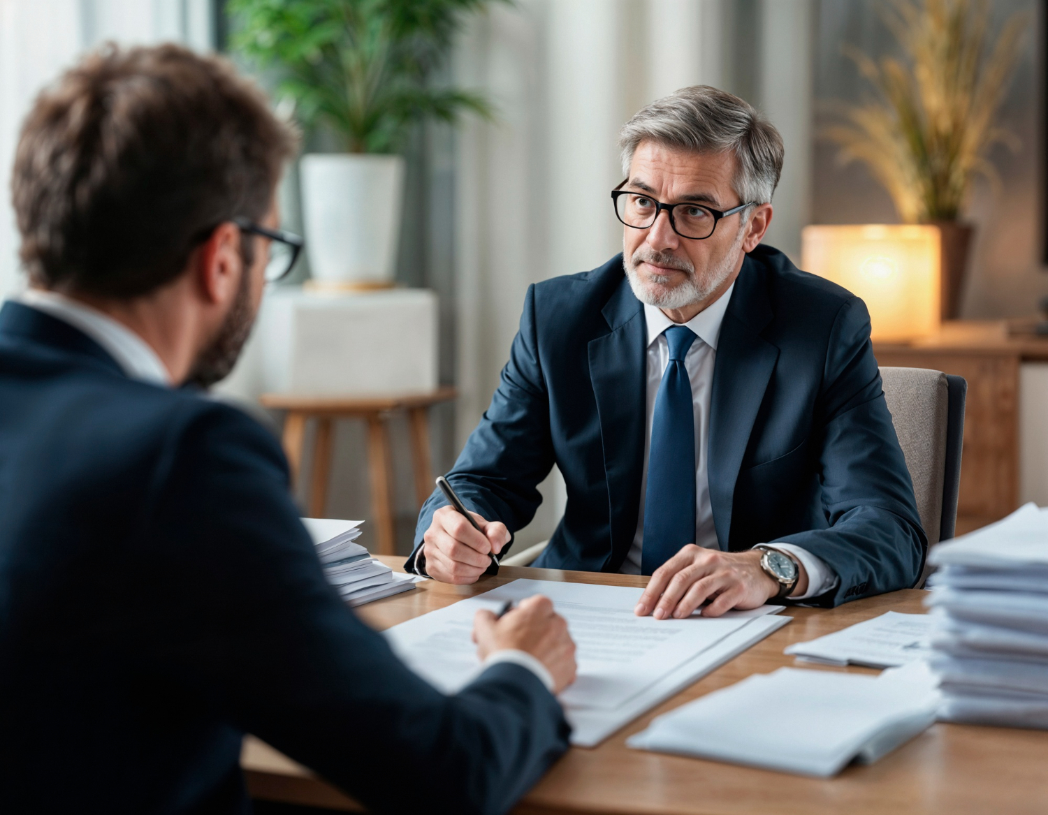 2151937265 Realistic photo of a professional attorney meeting with a client in a modern California law office, discussing legal documents at a desk, natural lighting, professional setting