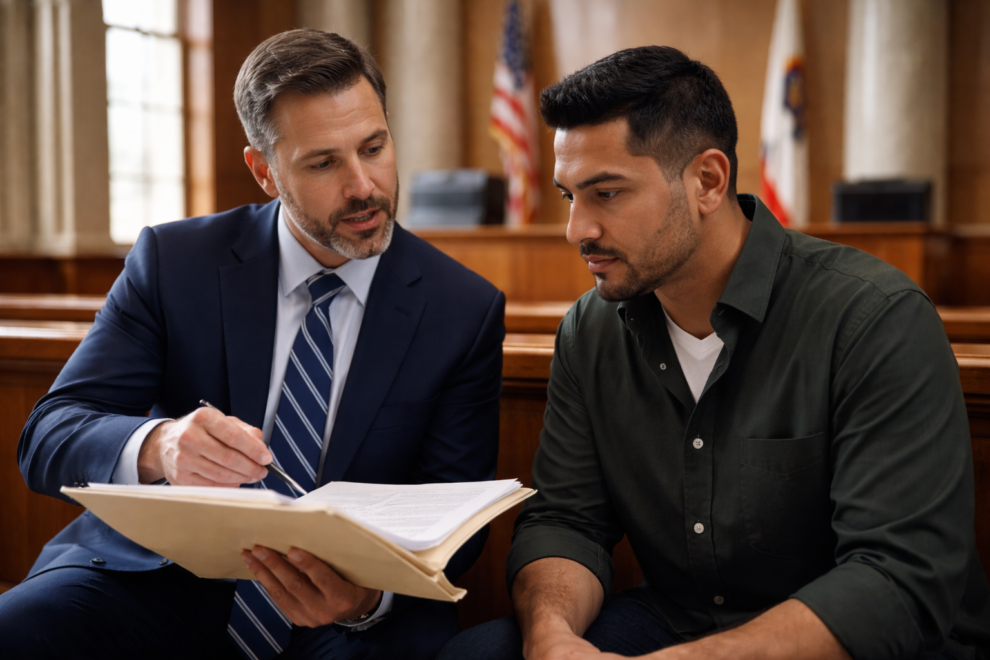 Attorney and client in courthouse consultation Attorney explaining criminal charges California court process to client
