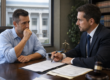 realistic photo of worried driver meeting with DUI defense attorney in law office, legal paperwork on desk, courthouse visible through window, professional consultation setting, natural lighting