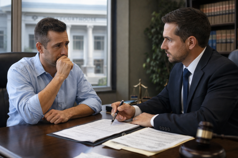 Consulting in the law office realistic photo of worried driver meeting with DUI defense attorney in law office, legal paperwork on desk, courthouse visible through window, professional consultation setting, natural lighting