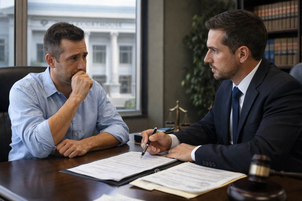 realistic photo of worried driver meeting with DUI defense attorney in law office, legal paperwork on desk, courthouse visible through window, professional consultation setting, natural lighting