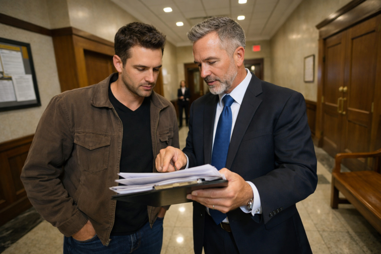 criminal defense attorney explaining the California arraignment process to a client before court