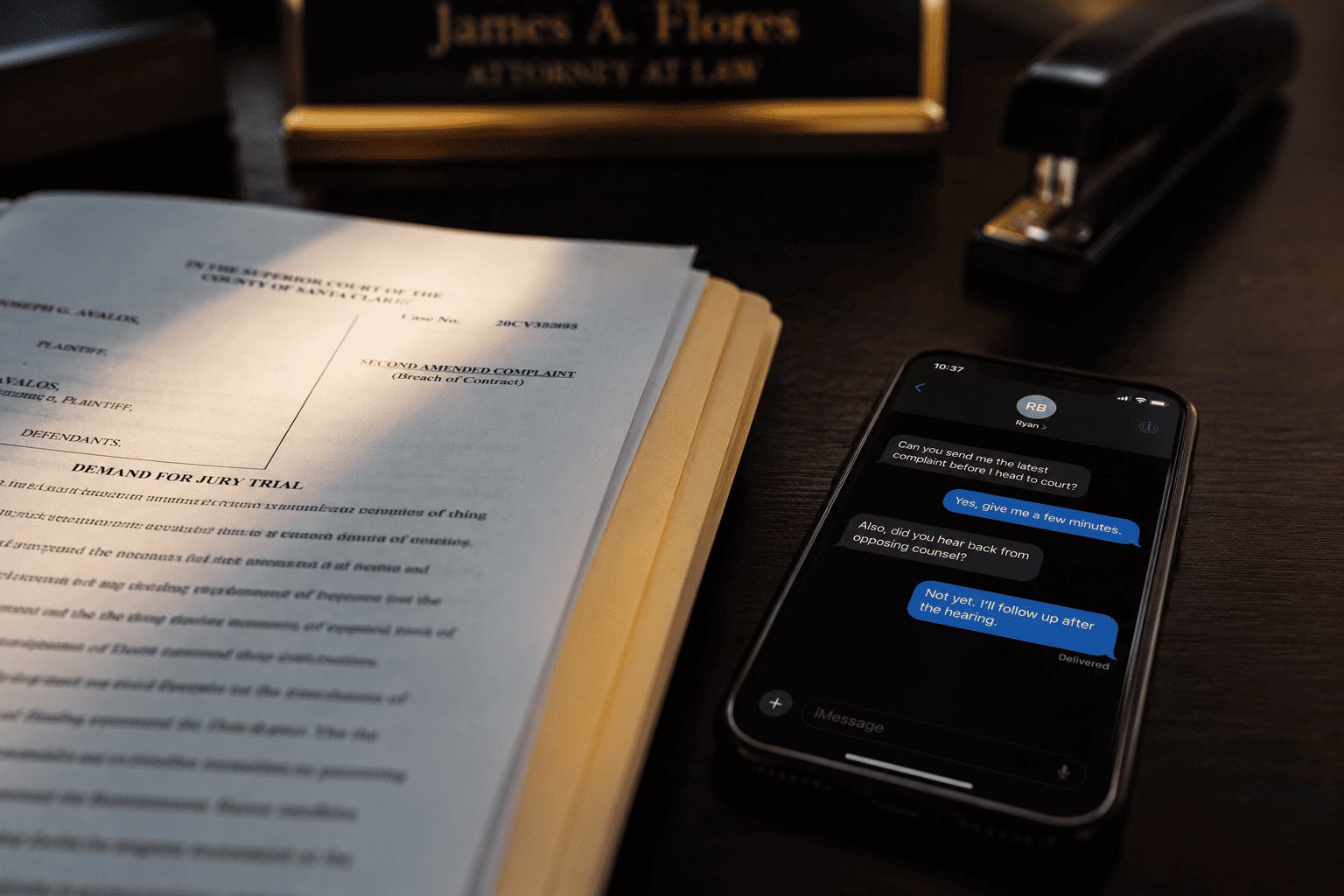 Smartphone and legal documents showing text messages evidence in a criminal case