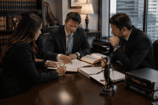 Professionals reviewing how criminal charges can strategy and planning documents