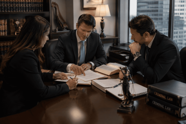 Professionals reviewing how criminal charges can strategy and planning documents