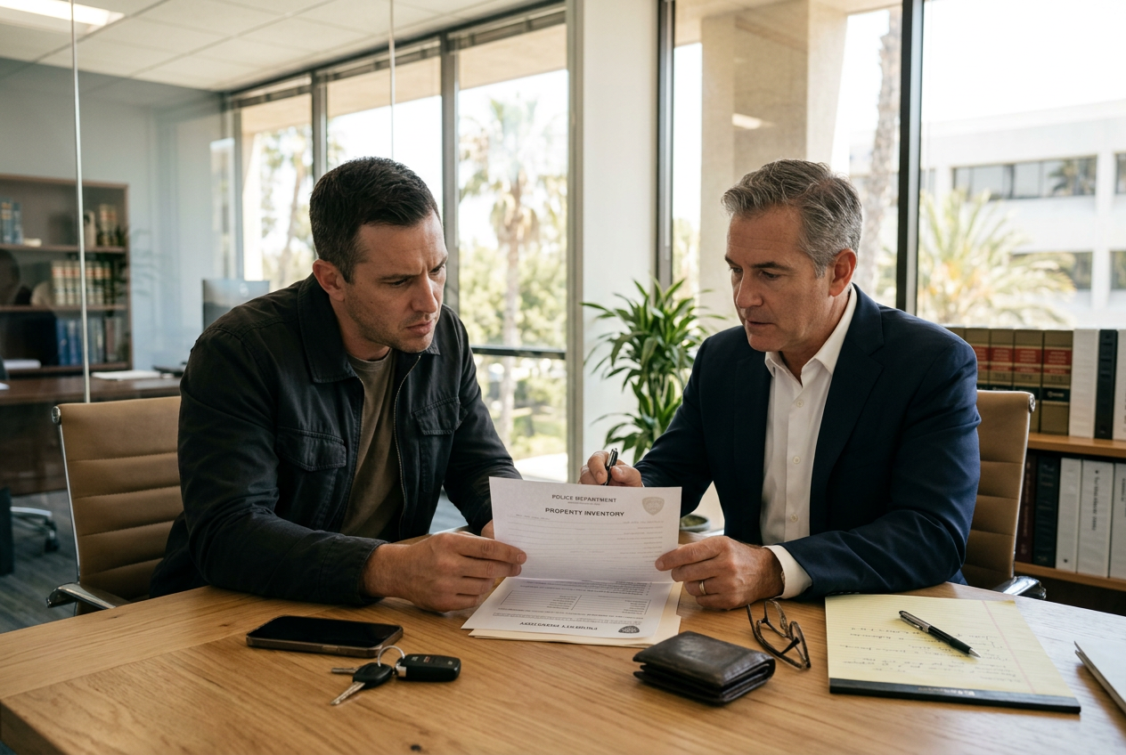 Criminal defense attorney discussing property after arrest in California with a client during a legal consultation. Criminal defense attorney discussing property after arrest in California with a client during a legal consultation.